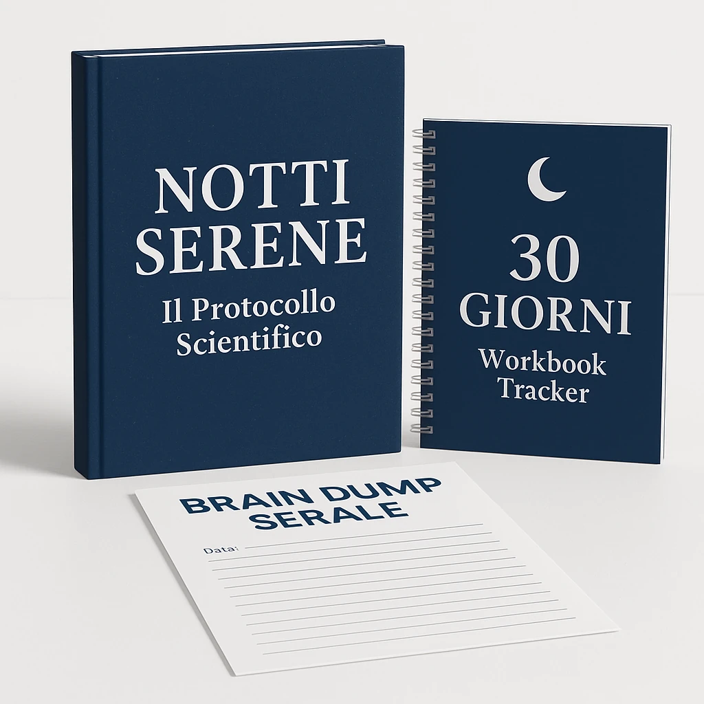 Mockup kit Notti Serene - Guida CBT-I, Workbook 30 giorni e Brain Dump serale