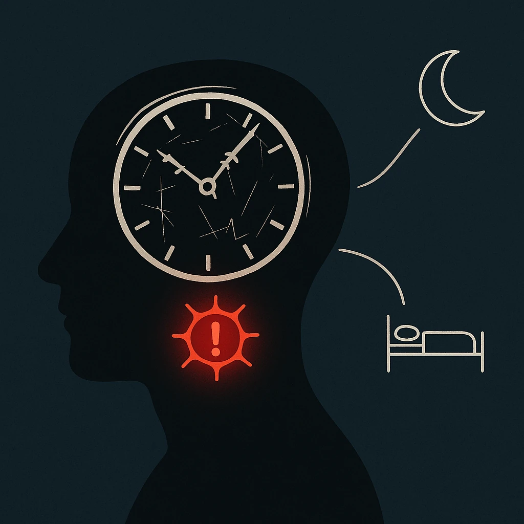 Illustrazione ritmo circadiano sfasato e cortisolo alto - meccanismo neurobiologico insonnia